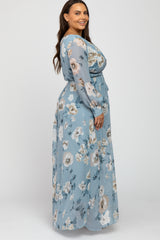 Light Blue Floral Chiffon Plus Maxi Dress