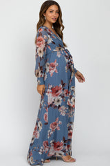 Blue Floral Chiffon Long Sleeve Pleated Maternity Maxi Dress