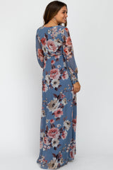 Blue Floral Chiffon Long Sleeve Pleated Maternity Maxi Dress