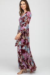 Burgundy Floral Chiffon Maxi Dress