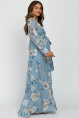 Light Blue Floral Chiffon Maternity Maxi Dress