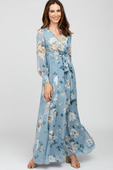 Light Blue Floral Chiffon Maternity Maxi Dress