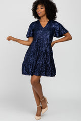 Navy Blue Sequin Tiered Short Sleeve  Dress