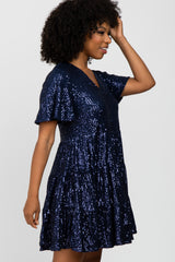 Navy Blue Sequin Tiered Short Sleeve  Dress