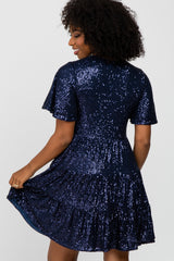 Navy Blue Sequin Tiered Short Sleeve  Dress