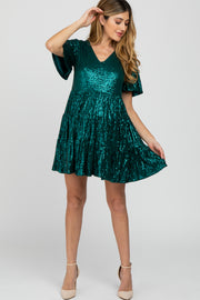 Emerald Green Sequin Tiered Short Sleeve Maternity Dress