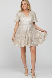 Cream Sequin Tiered Short Sleeve Maternity Dress