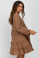 Taupe Button Accent Long Sleeve Tiered Maternity Dress