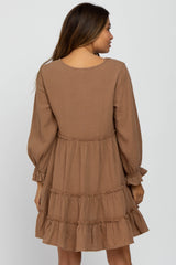 Taupe Button Accent Long Sleeve Tiered Maternity Dress