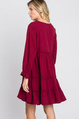 Burgundy Button Accent Long Sleeve Tiered Dress