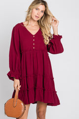 Burgundy Button Accent Long Sleeve Tiered Dress