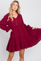 Burgundy Button Accent Long Sleeve Tiered Dress