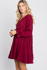 Burgundy Button Accent Long Sleeve Tiered Dress