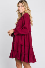 Burgundy Button Accent Long Sleeve Tiered Dress