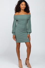 Olive Ribbed Off Shoulder Puff Sleeve Dress