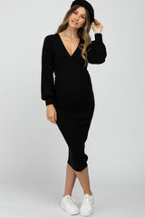 Black Ribbed Wrap Front Maternity Midi Dress