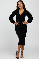 Black Ribbed Wrap Front Maternity Midi Dress