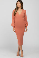 Mauve Ribbed Wrap Front Maternity Midi Dress