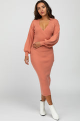 Mauve Ribbed Wrap Front Maternity Midi Dress