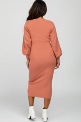 Mauve Ribbed Wrap Front Midi Dress