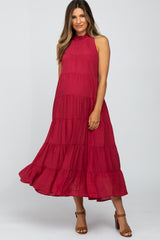 Burgundy Tiered High Neck Maternity Maxi Dress