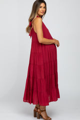 Burgundy Tiered High Neck Maternity Maxi Dress