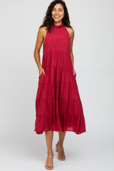 Burgundy Tiered High Neck Maternity Maxi Dress