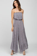 Grey Floral Sleeveless Wide Leg Jumpsuit