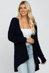 Navy Blue Popcorn Knit Hi-Low Cardigan