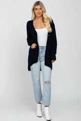 Navy Blue Popcorn Knit Hi-Low Cardigan