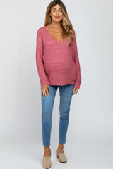 Mauve V-Neck Side Slit Thick Knit Maternity Sweater