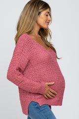 Mauve V-Neck Side Slit Thick Knit Maternity Sweater