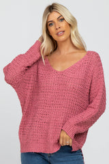 Mauve V-Neck Side Slit Thick Knit Maternity Sweater