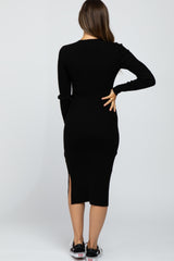 Black Ribbed Knit Fitted Maternity Midi Dress