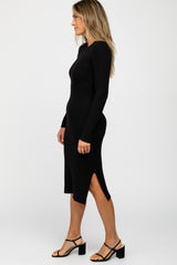 Black Ribbed Knit Fitted Midi Dress