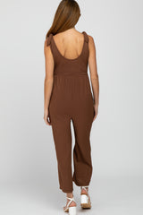 Brown Textured Knit Bow Accent Maternity Jumpsuit