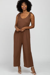 Brown Textured Knit Bow Accent Jumpsuit