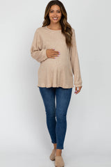 Beige Waffle Knit Dolman Sleeve Maternity Top