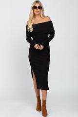 Black Ribbed Foldover Off Shoulder Fitted Maternity Midi Dress