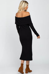 Black Ribbed Foldover Off Shoulder Fitted Midi Dress