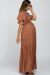 Rust Floral Smocked Front Maternity Maxi Dress