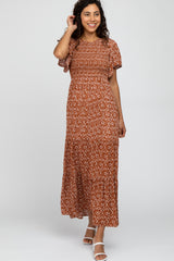 Rust Floral Smocked Front Maternity Maxi Dress