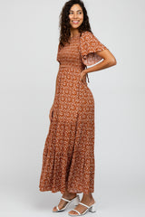 Rust Floral Smocked Front Maxi Dress