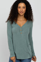 Light Olive Soft Button Front Round Hem Maternity Top