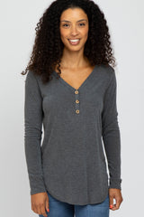 Charcoal Soft Button Front Round Hem Top