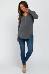 Charcoal Soft Button Front Round Hem Maternity Top