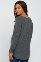 Charcoal Soft Button Front Round Hem Maternity Top