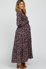 Navy Floral Long Sleeve Smocked Maternity Maxi Dress