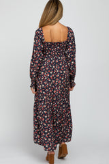 Navy Floral Long Sleeve Smocked Maternity Maxi Dress