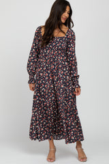 Navy Floral Long Sleeve Smocked Maternity Maxi Dress